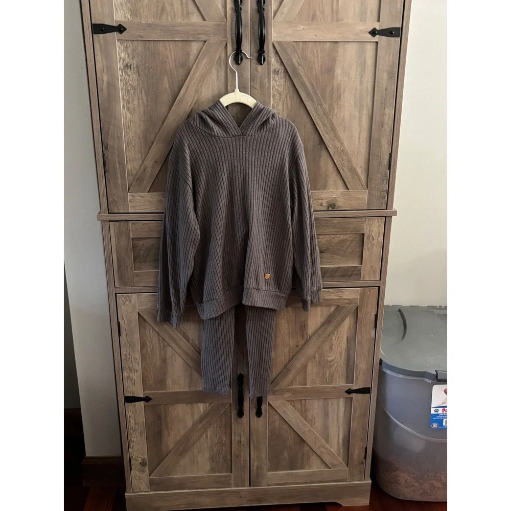 HM Kids Ribbed Knit Hoodie and Leggings Set Charcoal Grey Size 6-7Y